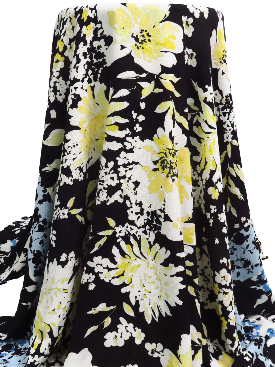 Light Lemon/Black/White/Multi 100% Polyester Double Border Floral Print Bubble Crepe 57W