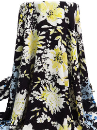 Light Lemon/Black/White/Multi 100% Polyester Double Border Floral Print Bubble Crepe 57W