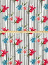 Teal Blue/French Raspberry/White/Black Polyester/Lycra Floral Over Vertical Stripe Print Double Brushed Knit 58W