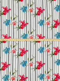 Teal Blue/French Raspberry/White/Black Polyester/Lycra Floral Over Vertical Stripe Print Double Brushed Knit 58W