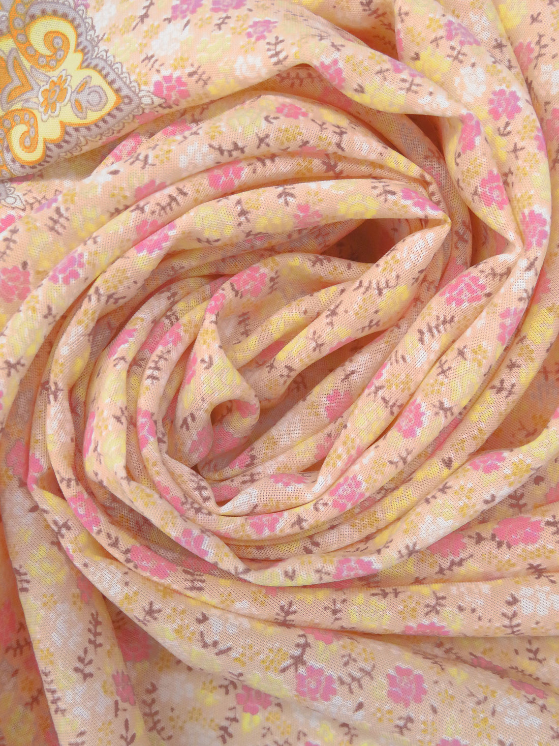 Apricot/French Pink/Pale Lemon/Multi 100% Polyester Ornate Double Border Floral Print Voile 56W