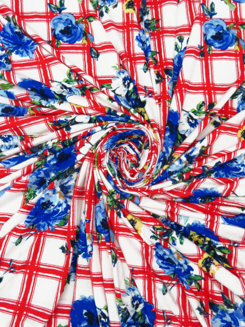 Verizon Red/Egyptian Blue/White/Multi Polyester/Lycra Floral On Grid Print Double Brushed Knit 60W