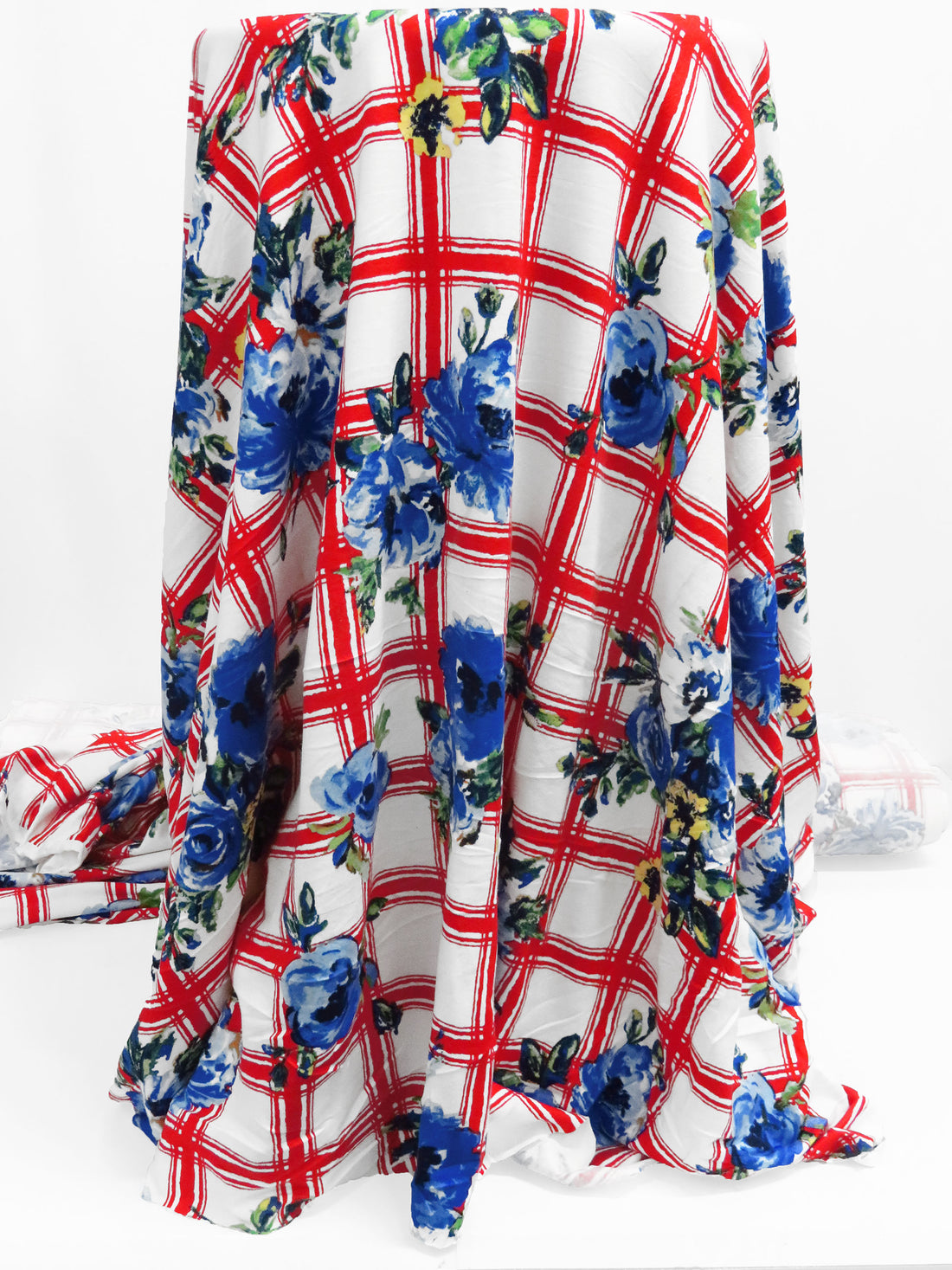 Verizon Red/Egyptian Blue/White/Multi Polyester/Lycra Floral On Grid Print Double Brushed Knit 60W