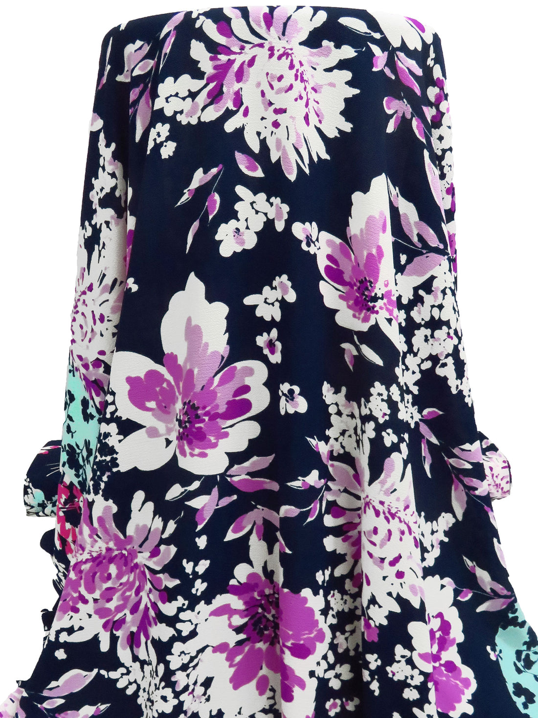 Midnight Navy/White/Aqua/Multi 100% Polyester Double Border Floral Print Bubble Crepe 57W