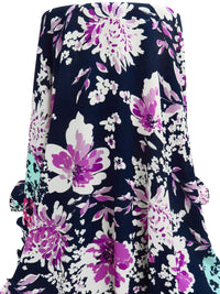 Midnight Navy/White/Aqua/Multi 100% Polyester Double Border Floral Print Bubble Crepe 57W