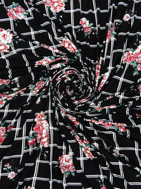 Black/Salmon Pink/White/Multi Polyester/Lycra Floral On Grid Print Double Brushed Knit 60W