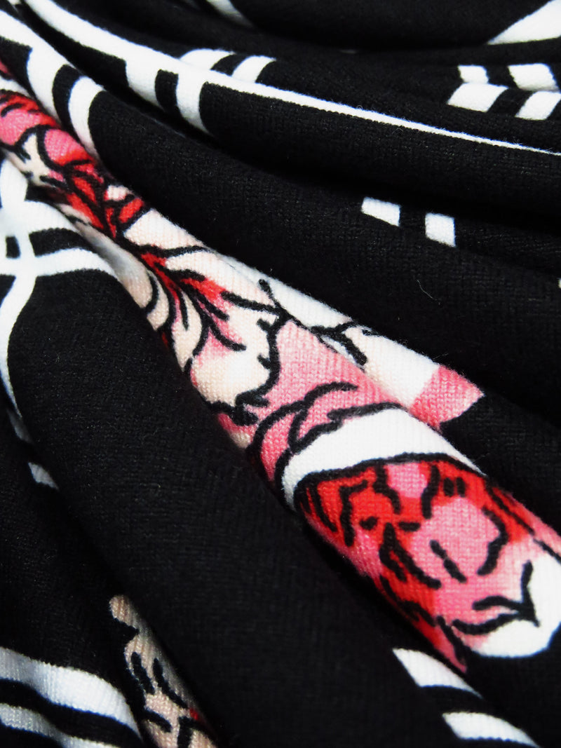 Black/Salmon Pink/White/Multi Polyester/Lycra Floral On Grid Print Double Brushed Knit 60W