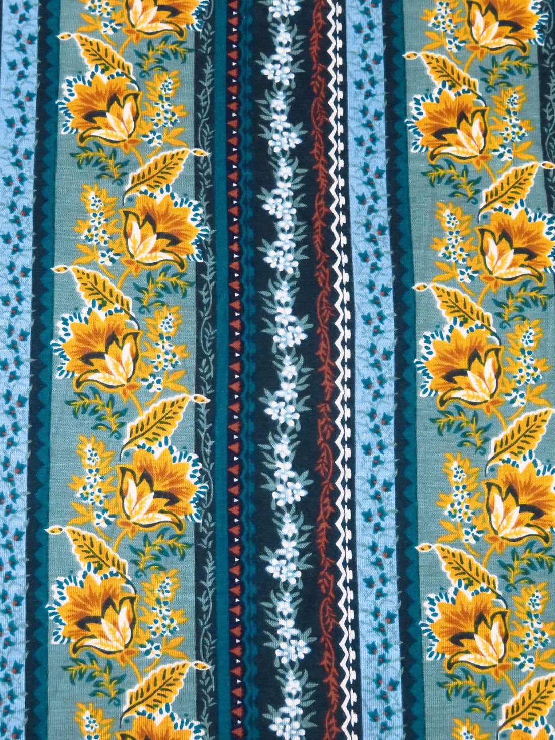 Dark Teal/Goldenrod/White/Multi Rayon/Lycra Ornate Vertical Stripe Print Jersey Knit 56W