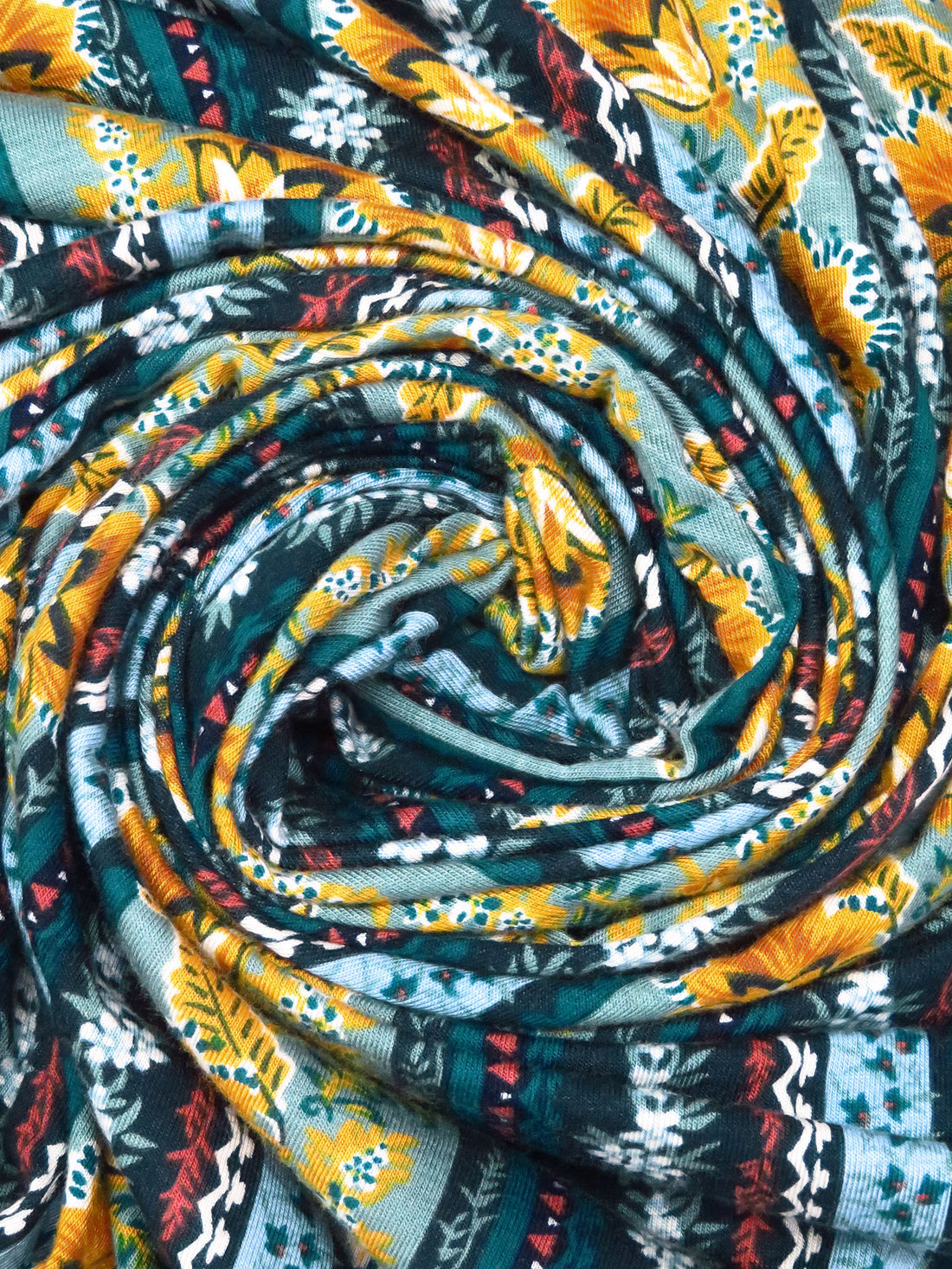 Dark Teal/Goldenrod/White/Multi Rayon/Lycra Ornate Vertical Stripe Print Jersey Knit 56W