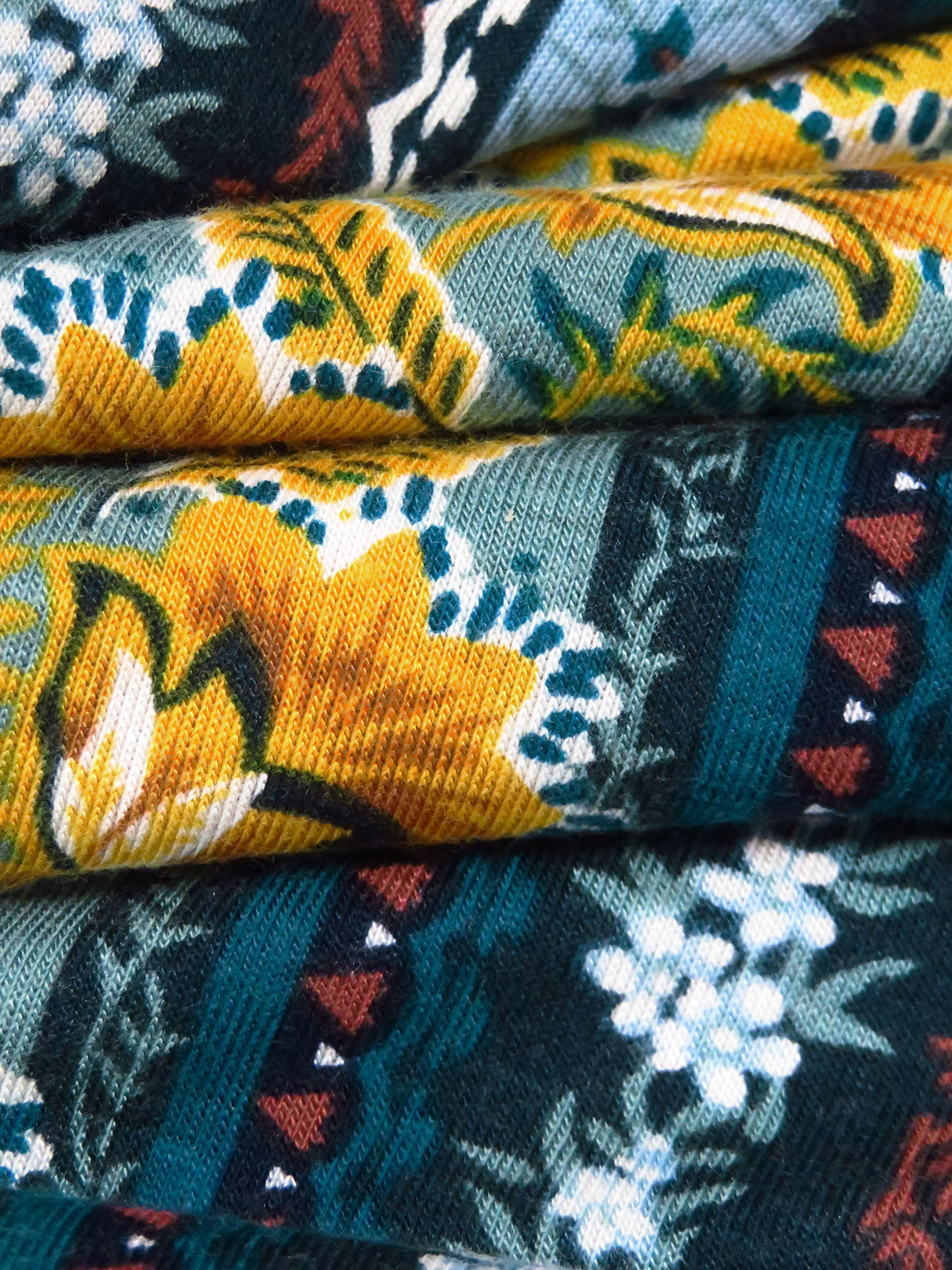 Dark Teal/Goldenrod/White/Multi Rayon/Lycra Ornate Vertical Stripe Print Jersey Knit 56W