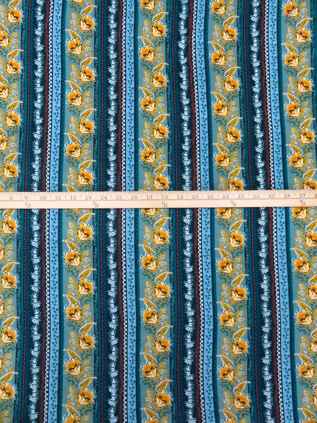 Dark Teal/Goldenrod/White/Multi Rayon/Lycra Ornate Vertical Stripe Print Jersey Knit 56W