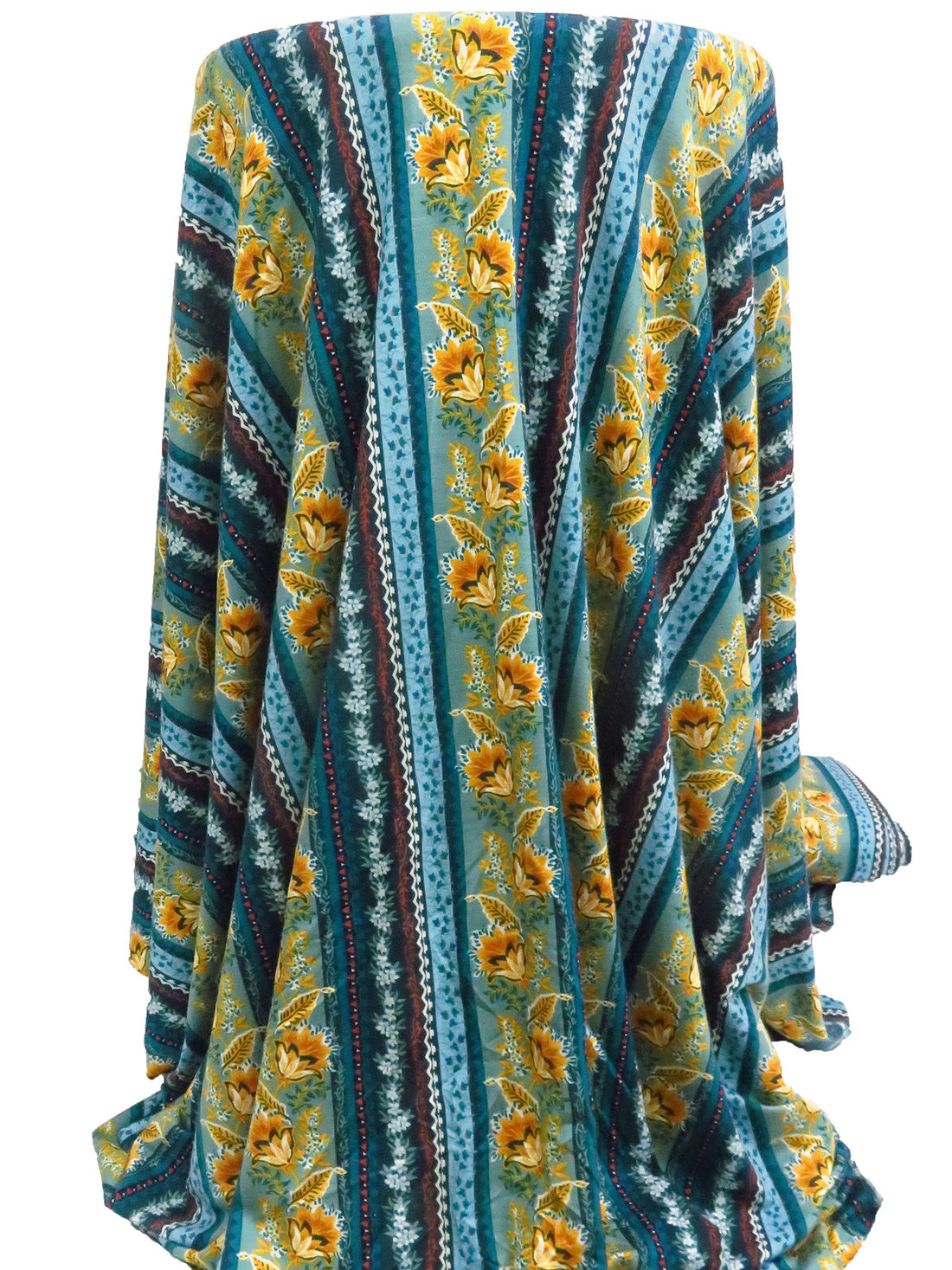 Dark Teal/Goldenrod/White/Multi Rayon/Lycra Ornate Vertical Stripe Print Jersey Knit 56W