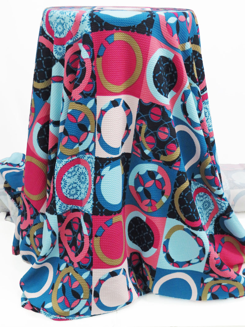 Deep Pacific Blue/Hot Magenta/Robin's Egg Blue/Multi Polyester/Lycra Geometric Tile Print Liverpool Double Knit 58W