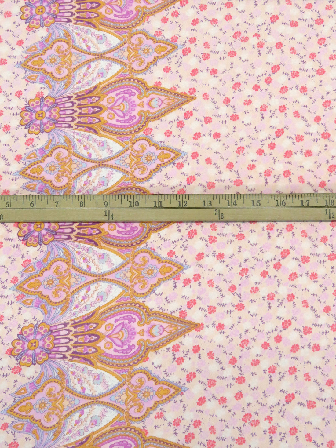 Begonia/Ballet Pink/Sunray/Multi 100% Polyester Ornate Double Border Small Floral Print Gauze 57W