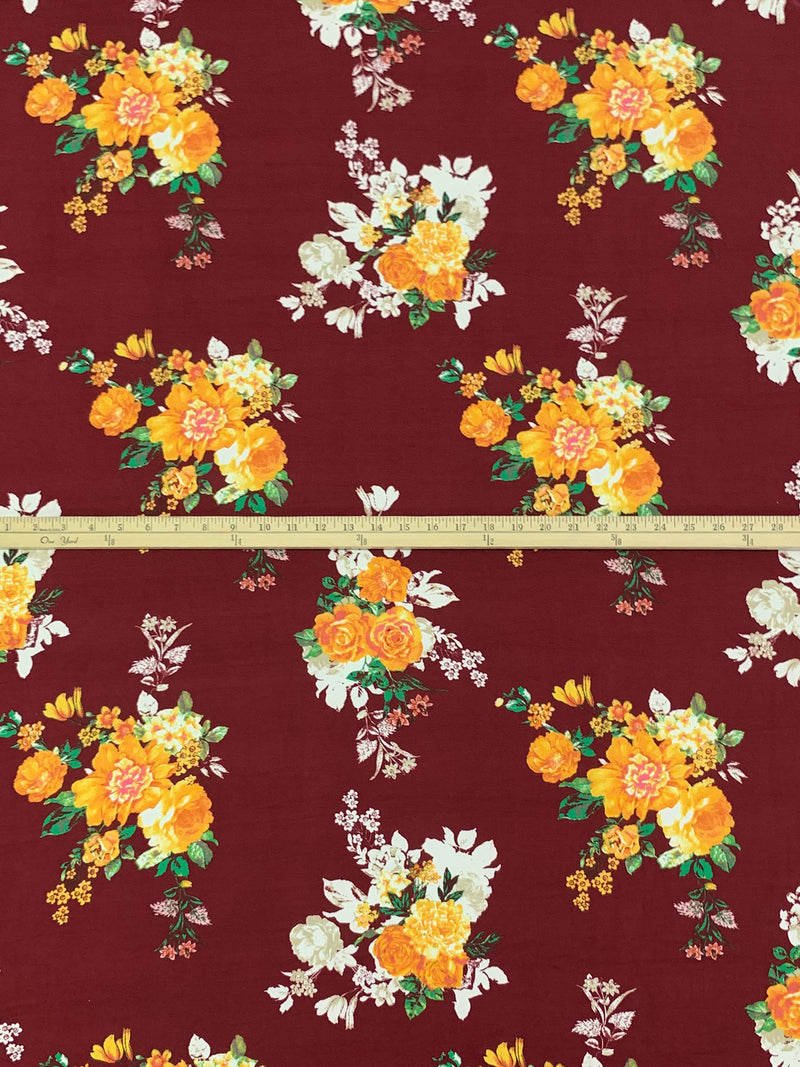 Wine/Marigold/White Polyester/Lycra Floral Print Double Brushed Knit 58W