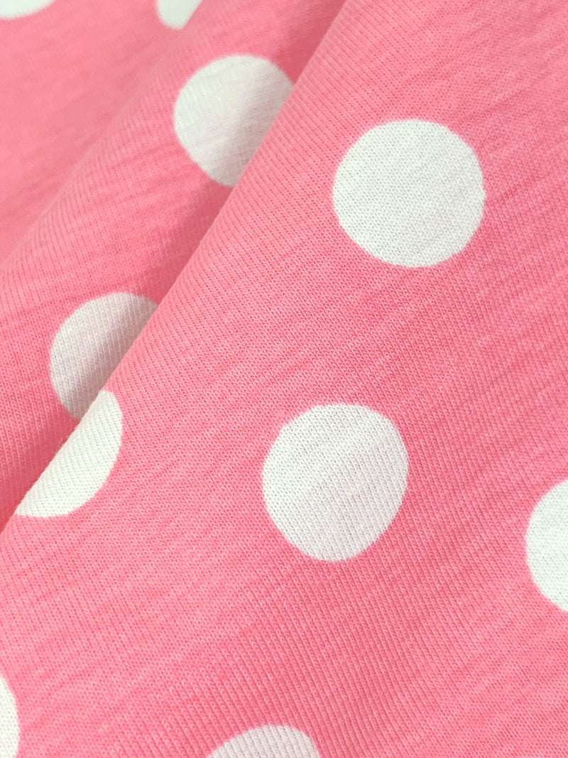 Flamingo Pink/White Cotton/Lycra Polka Dot Print Jersey Knit 60W