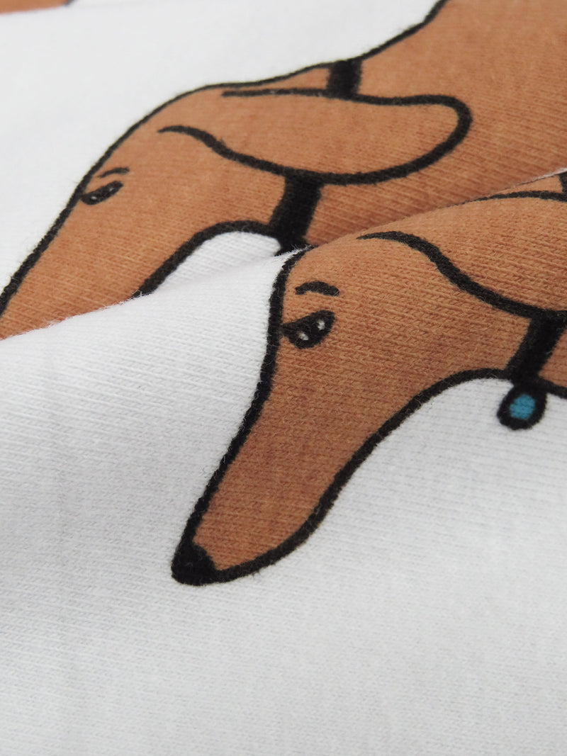 White/Chocolate/Black/Cerulean Cotton/Lycra Weiner Dog Print Jersey Knit 58W