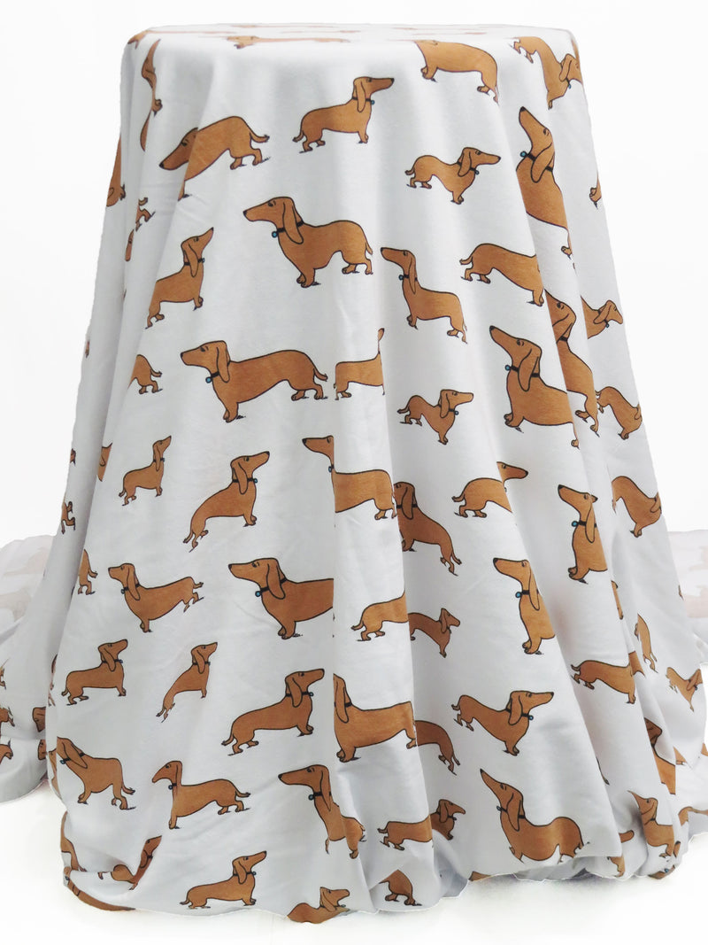 White/Chocolate/Black/Cerulean Cotton/Lycra Weiner Dog Print Jersey Knit 58W