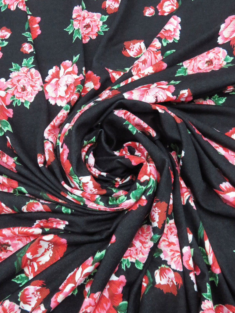 Black/Bright Cherry Blossom/Barn Red/Multi Rayon/Lycra Floral Print Jersey Knit 56W