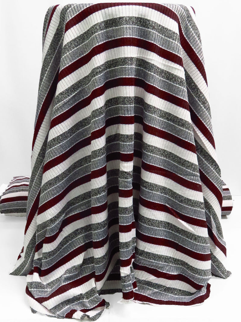 White/Dark Maroon/Medium Gray/Multi 100% Polyester Horizontal Stripe Weave Rib Sweater Knit 56W