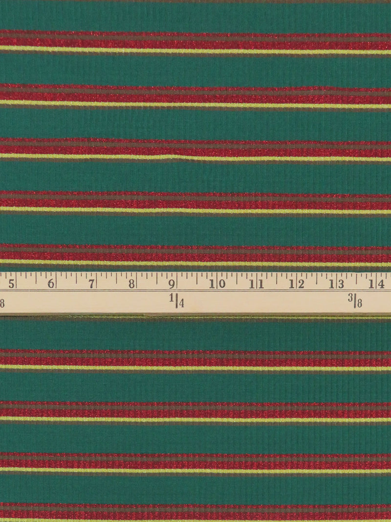 Evergreen/Crimson/Cedar Brown/Light Gold Polyester/Lurex/Lycra Horizontal Stripe Rib Knit 54W