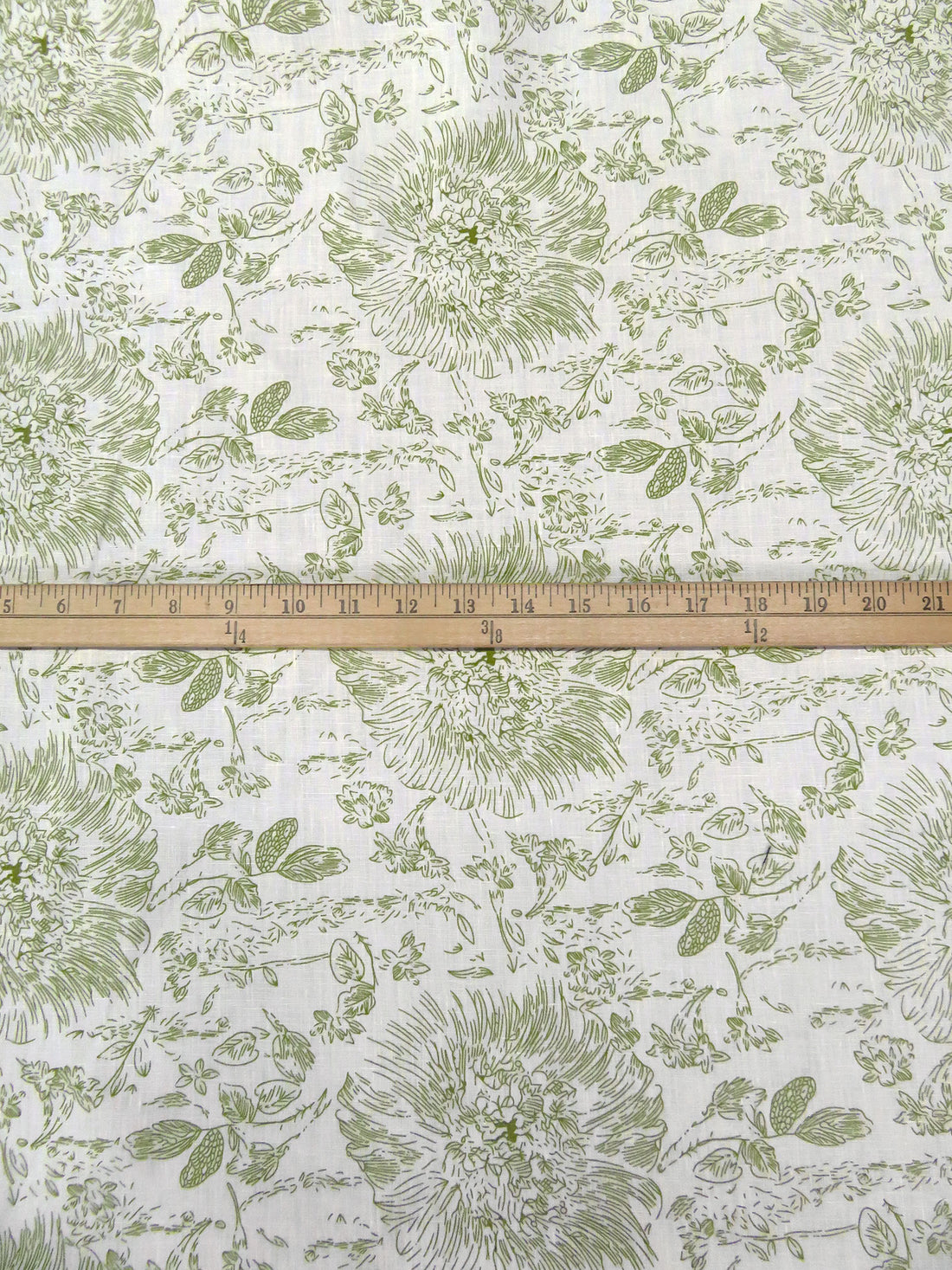 Off-White/Dark Old Moss 100% Linen Artistic Floral Print Shirt Weight Woven - European Mill - 58W