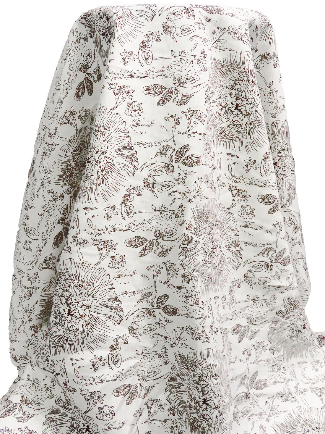 White/Chocolate 100% Linen Artistic Floral Print Shirt Weight Woven - European Mill - 58W