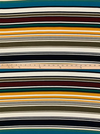 Teal Blue/Mahogany/Black/Multi Polyester/Lycra Horizontal Multi-Stripe Print Double Brushed Knit 58W