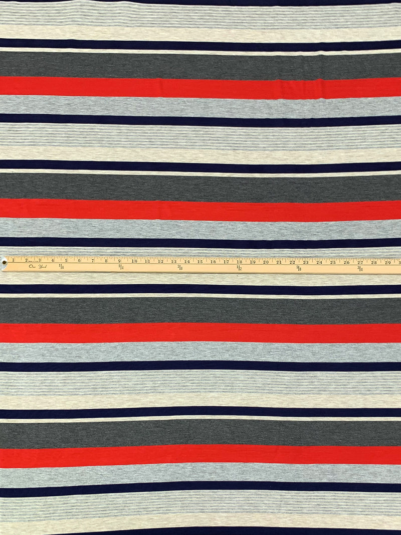 Navy/Red/Gray Rayon/Lycra Horizontal Multi-Stripe Jersey Knit 62W