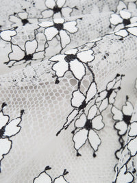 Ghost White/Black Polyester/Nylon Scalloped Double Border Floral Design Lace Netting - Monique Lhuillier - 54W