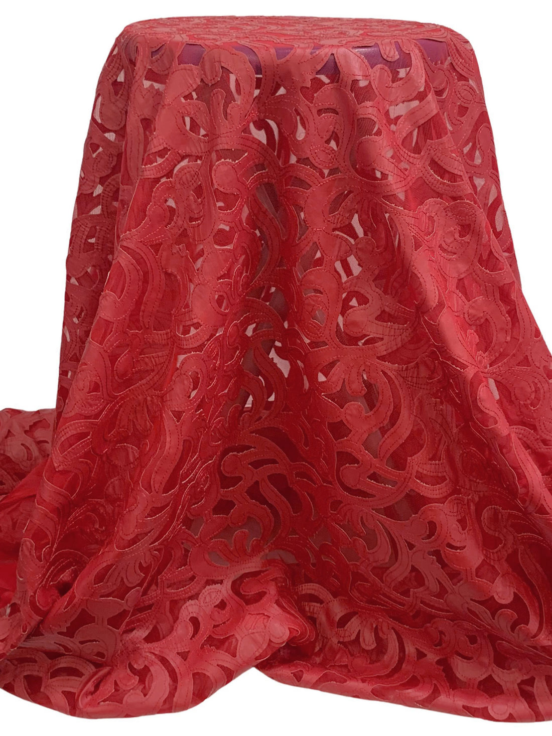 Vivid Auburn 100% Nylon Embroidered Pleather Scrolls On Netting 58W