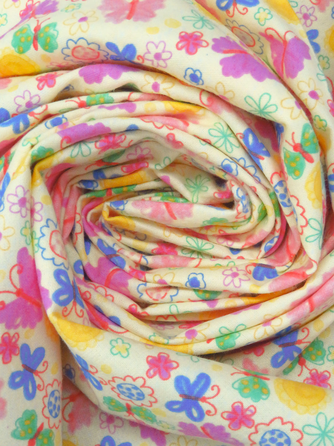 Light Yellow/Dark Coral/Cornflower/Multi 100% Cotton Artistic Floral & Butterflies Print Flannel 43W