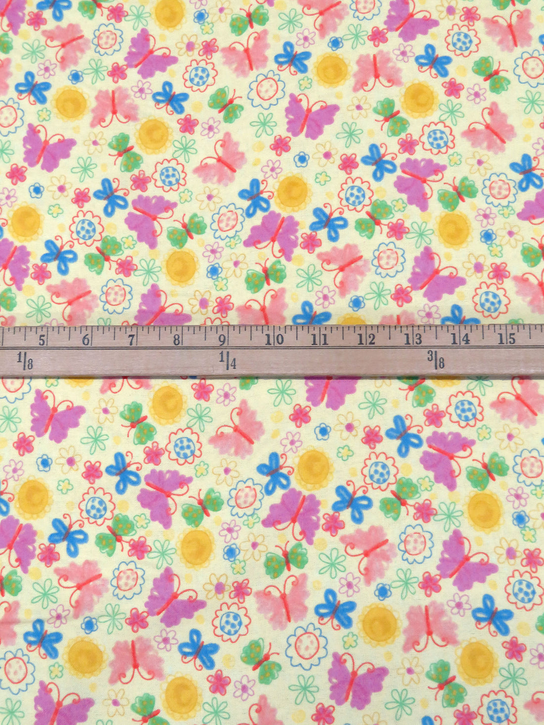 Light Yellow/Dark Coral/Cornflower/Multi 100% Cotton Artistic Floral & Butterflies Print Flannel 43W