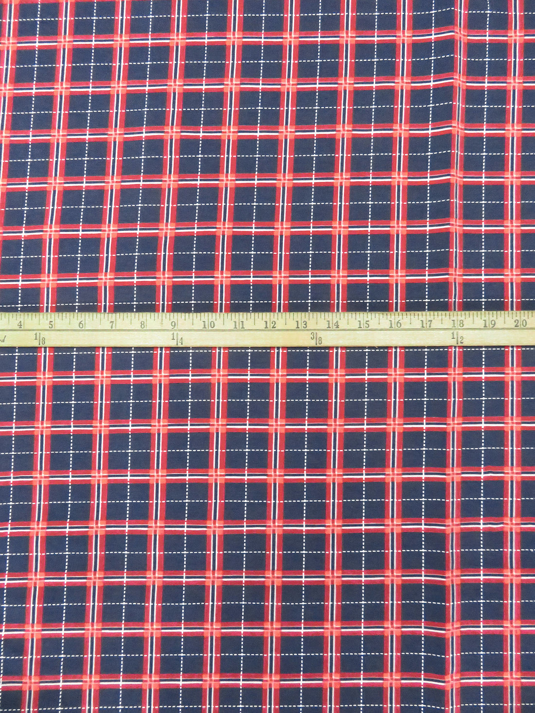 Midnight Denim/Maroon/White/Multi Rayon/Nylon/Lycra Plaid  Print Stretch Bengaline Suiting - NY Designer - 57W