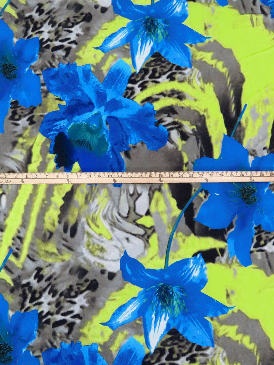 Sapphire Blue/Light Olive/Black/Multi Polyester/Lycra Large Floral On Abstract Animal Print ITY Knit - NY Designer - 56W
