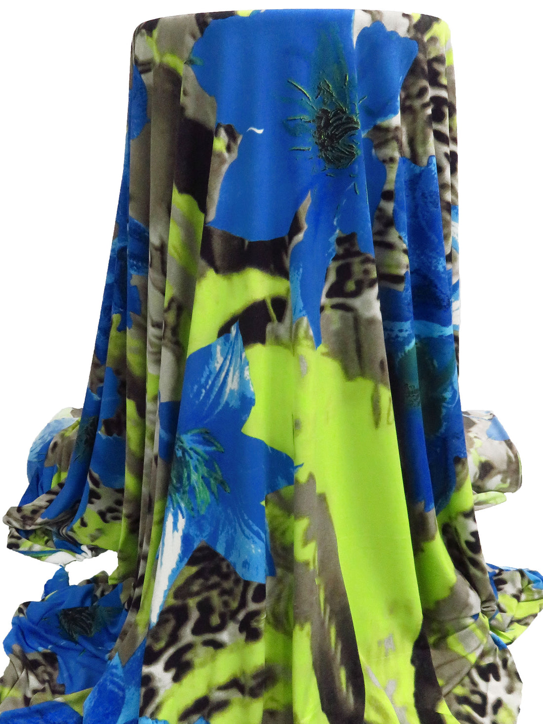 Sapphire Blue/Light Olive/Black/Multi Polyester/Lycra Large Floral On Abstract Animal Print ITY Knit - NY Designer - 56W
