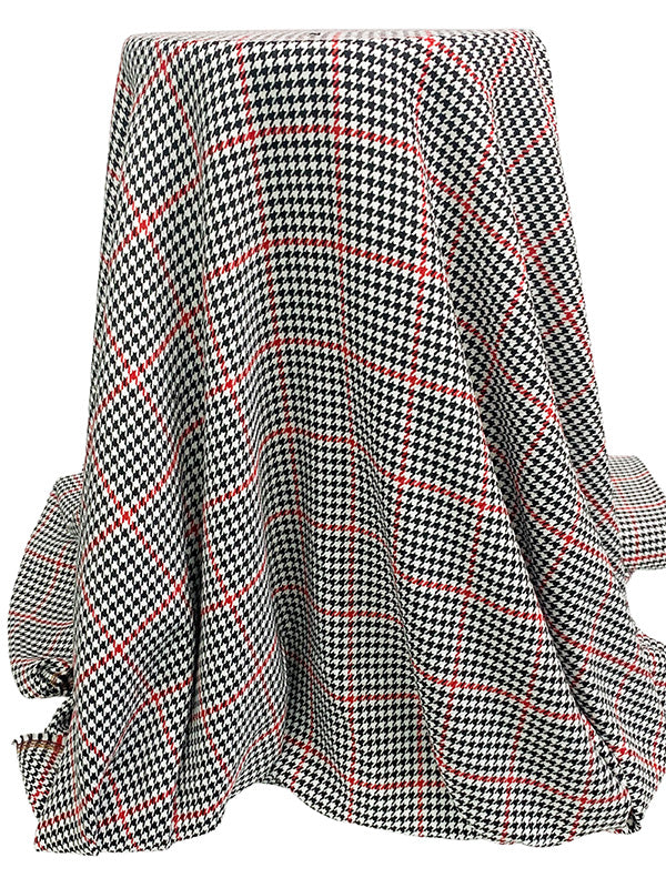 Red/White/Black 100% Polyester Yarn-Dyed Houndstooth Plaid Suiting - NY Designer - 56W