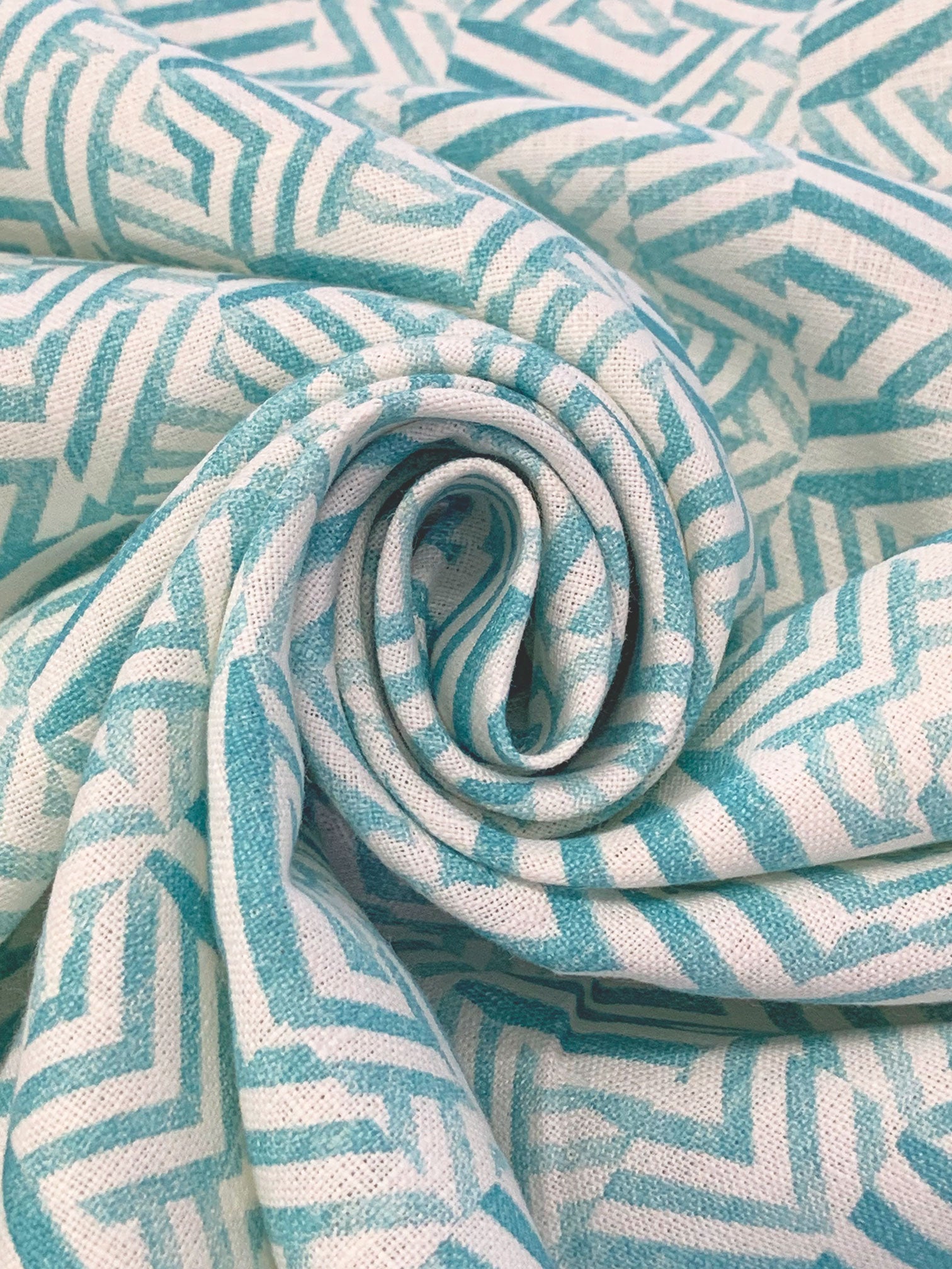 Deep Turquoise/Eggshell 100% Linen Zig Zag Block Print Heavy