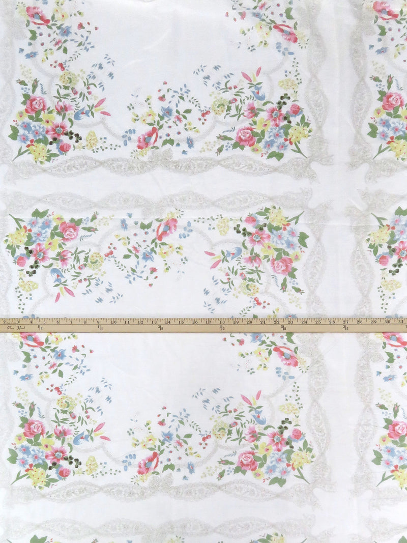 SOLD BY THE PANEL ONLY - Soft White/Nickel Gray/Taffy Pink/Multi Silk/Cotton Floral Framework Print Voile - Johnny Was - 54W