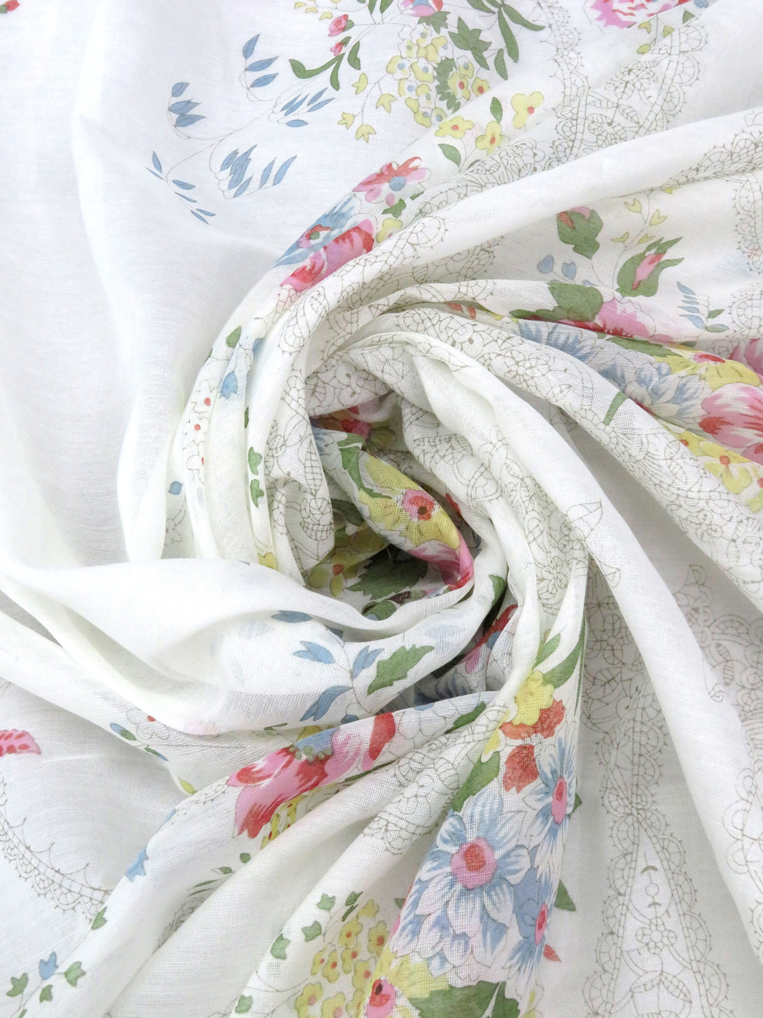 SOLD BY THE PANEL ONLY - Soft White/Nickel Gray/Taffy Pink/Multi Silk/Cotton Floral Framework Print Voile Scarf Panel - Johnny Was - 52W
