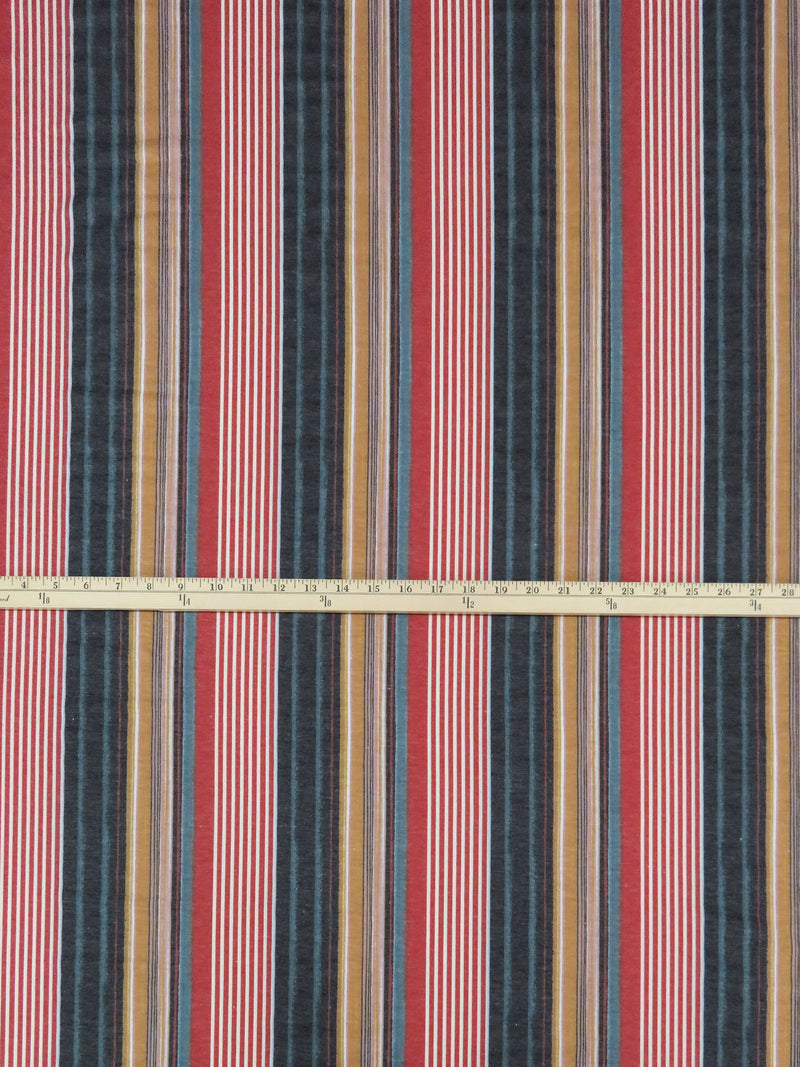 Brick Red/White/Slate Blue/Multi Polyester/Rayon/Lycra Vertical Multi Stripe Print French Terry Knit 60W