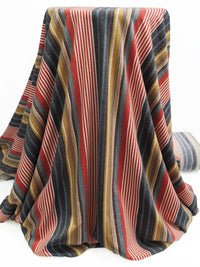 Brick Red/White/Slate Blue/Multi Polyester/Rayon/Lycra Vertical Multi Stripe Print French Terry Knit 60W