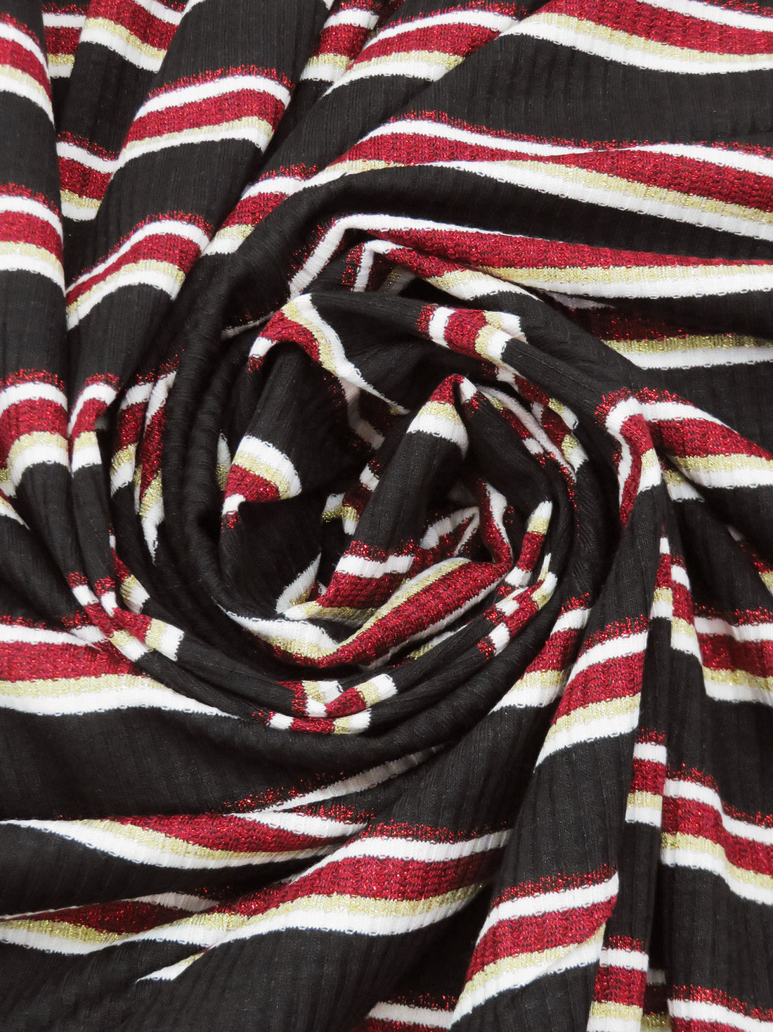 Black/Crimson/Pale Gold/White Polyester/Lurex/Lycra Horizontal Stripe Design Rib Knit 58W