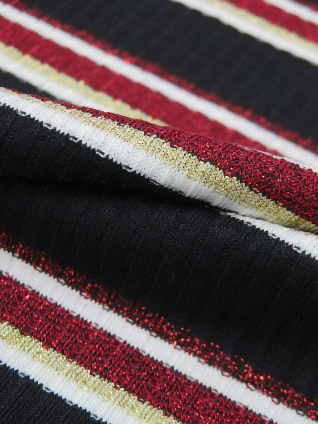 Black/Crimson/Pale Gold/White Polyester/Lurex/Lycra Horizontal Stripe Design Rib Knit 58W