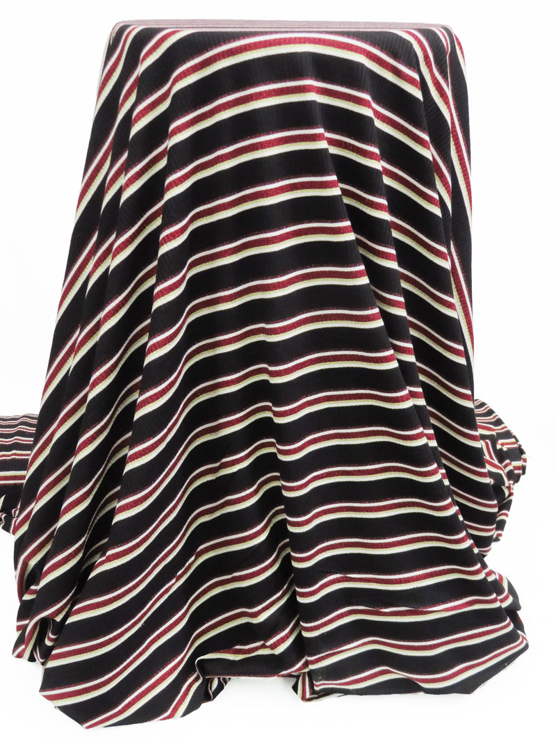 Black/Crimson/Pale Gold/White Polyester/Lurex/Lycra Horizontal Stripe Design Rib Knit 58W