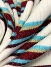 Eggshell/Burgundy/Metallic Gold/Sky Blue Polyester/Lurex/Lycra Horizontal Stripe Rib Knit 54W