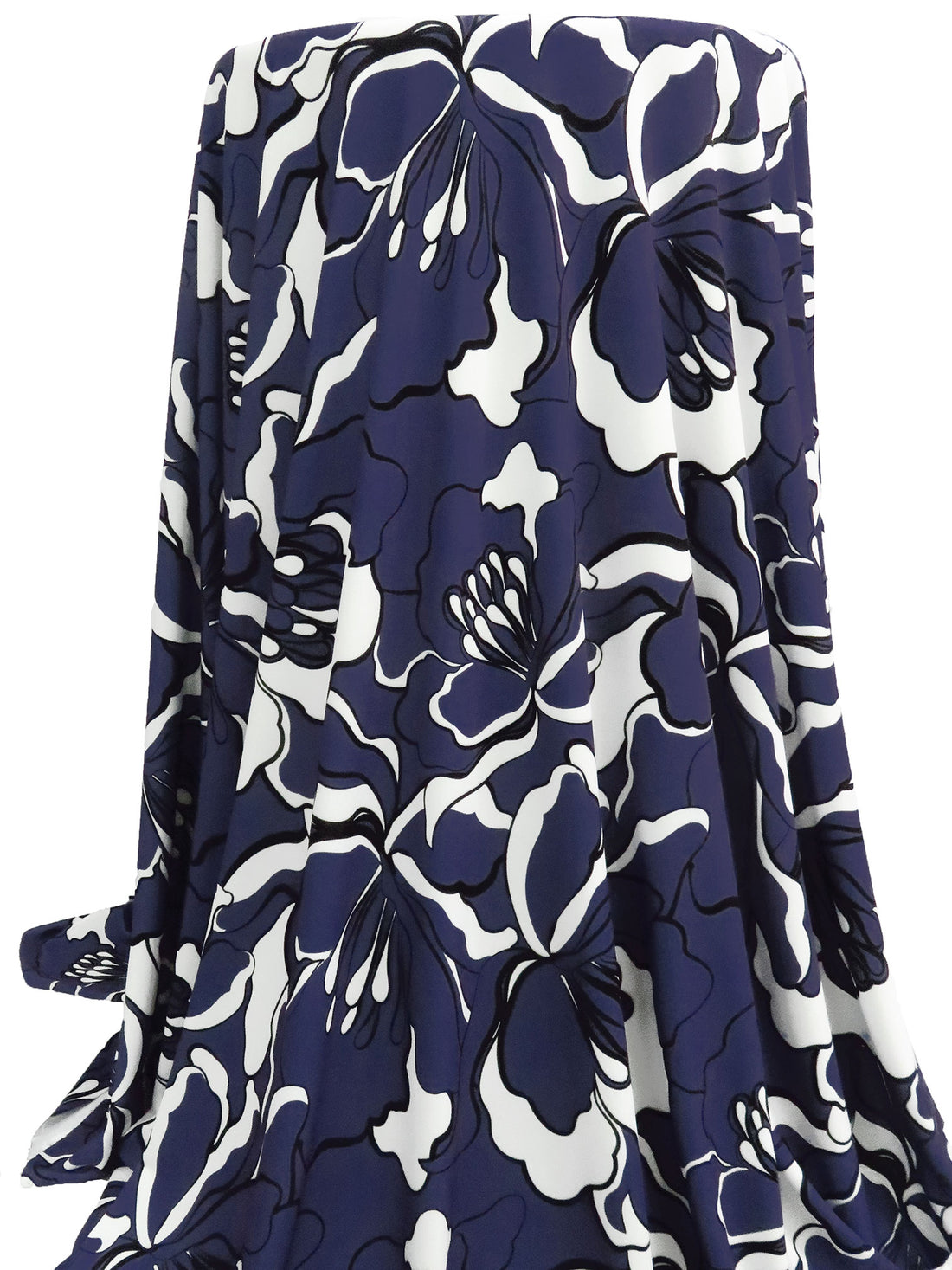 Rich Dark Independence Blue/Black/White Polyester/Lycra Large Abstract Floral Print ITY Knit - NY Designer - 57W