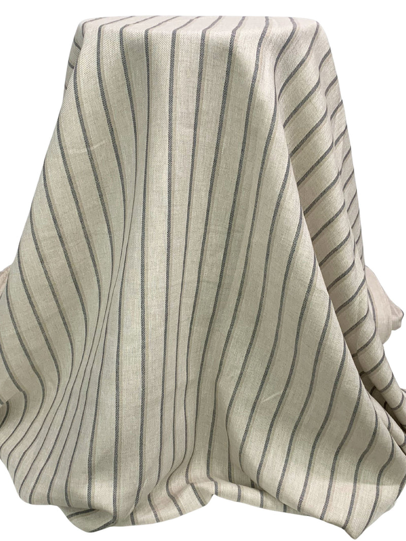Off-White/Oat/Dark Slate 100% Linen Vertical Stripe Midweight Woven 58W