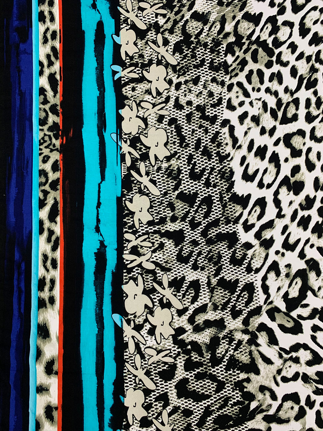 White/Desert Beige/Black/Multi Polyester/Lycra Double Border Animal Print Jersey Knit 59W