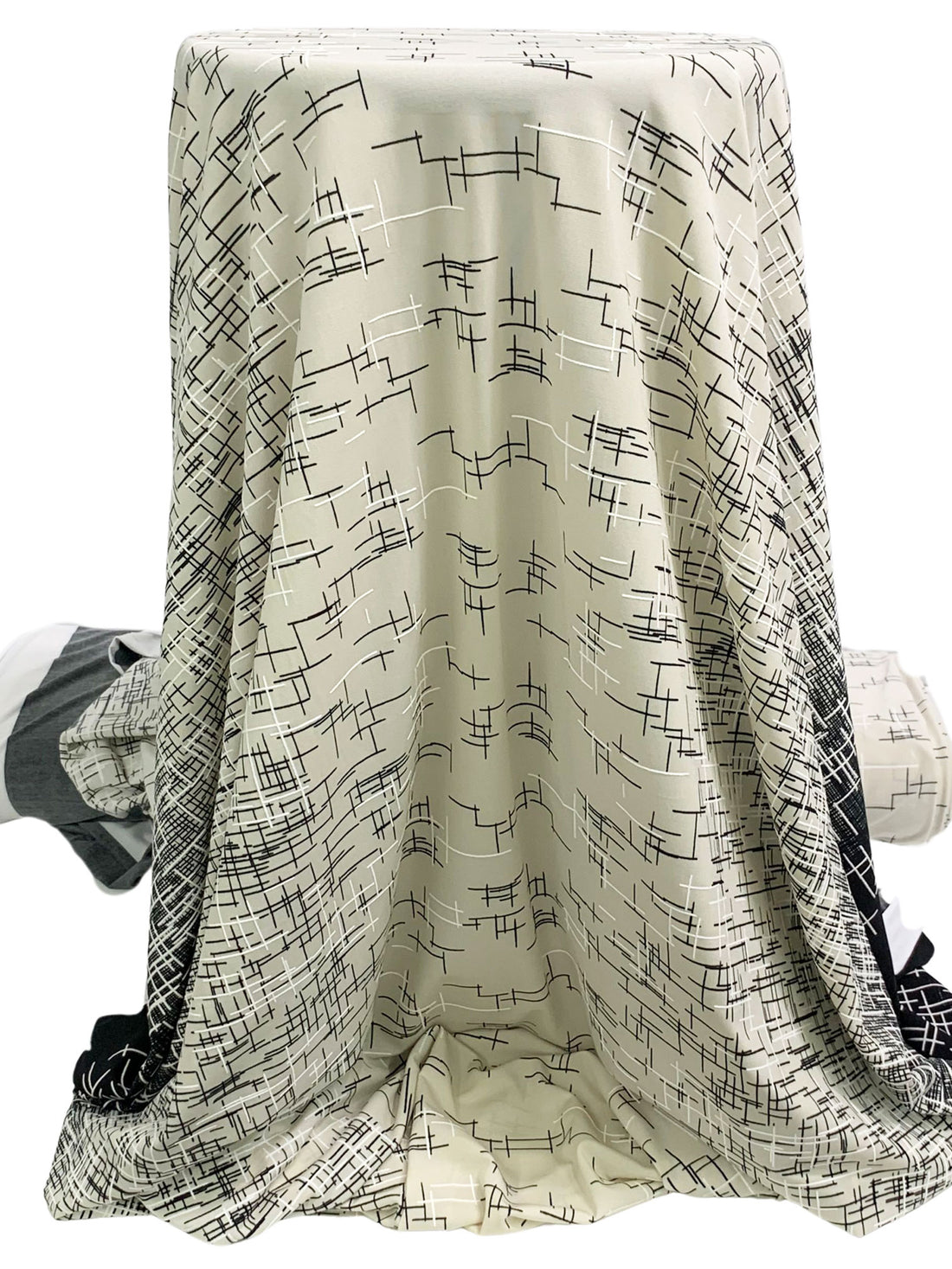 Ash Beige/Black/White Polyester/Lycra Double Border Broken Crosshatch Puff Print ITY Knit 57W